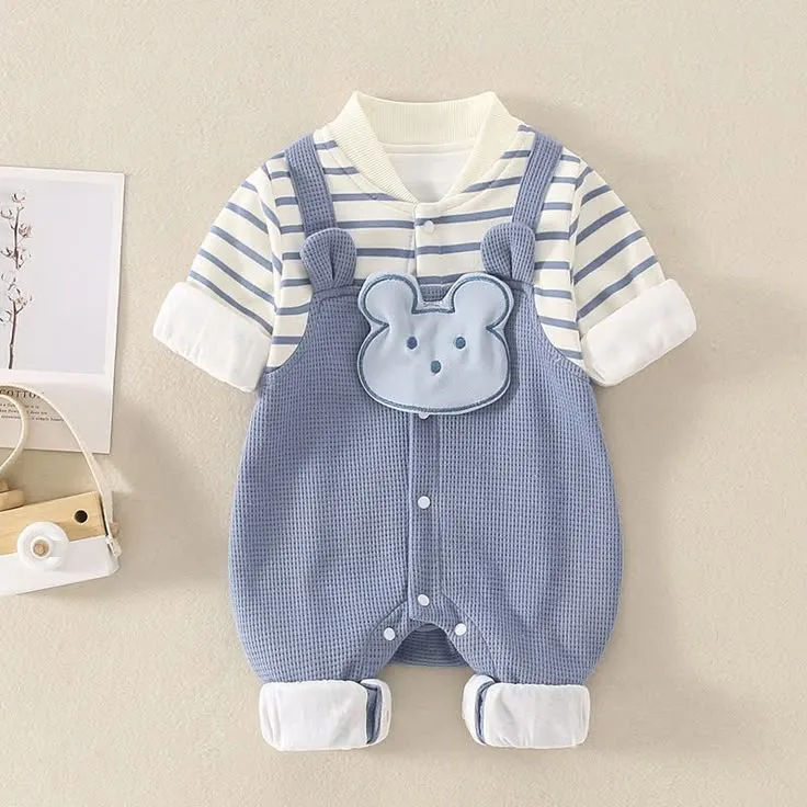 Baby Bear Striped Splicing Fake 2 Pieces Romper Blue 3 6M